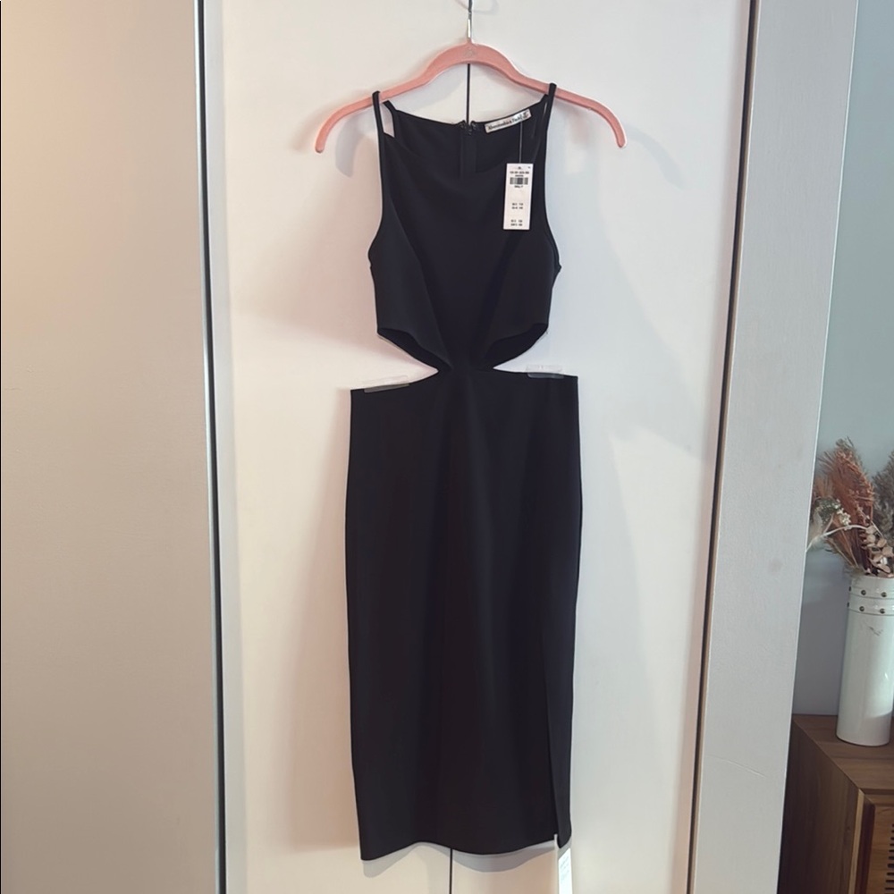 Abercrombie & Fitch Black Halter Midi Dress with Cutouts & Front Slit
